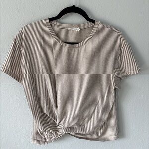 Lush Beige and Black Striped Twist-Front Short Sleeve Tee